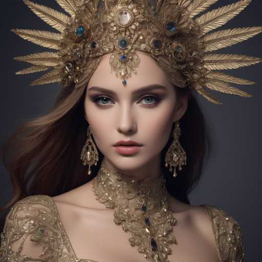 The image shows a woman with long brown hair wearing a gold crown and earrings that include blue stones. The background is black, which contrasts with the gold elements of her attire.