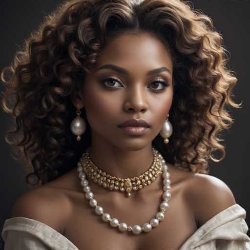 The image shows a woman with long curly hair wearing a pearl necklace and earrings. She is looking directly at the camera with an expression of concentration or thoughtfulness. The background is dark, which contrasts with her light skin tone and highlights her features.