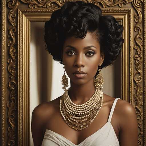 A woman with curly hair wearing a white dress and gold jewelry is the main subject of this image. She has her head turned towards the camera, looking directly at it. The background features a gold-framed mirror that adds an elegant touch to the scene.