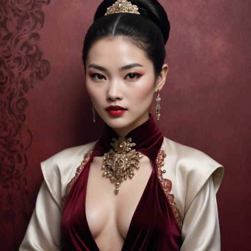 A woman with black hair is the main subject of this image. She is wearing a red and gold dress that features a corset-like top and a low neckline. The dress has a deep red color that contrasts with her dark hair. On her head, she is wearing a gold tiara adorned with a large flower design. The background of the image is a rich red color, which complements the woman's attire and enhances the overall visual appeal of the photo.