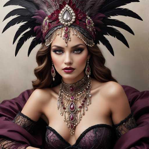 The image shows a woman wearing a large headdress and earrings with red jewels. She is dressed in a black dress that contrasts with the white background of the photo. The woman's face is turned towards the camera, giving her a direct gaze.