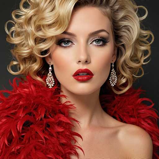 The image shows a woman with blonde hair wearing a red feather boa and red lipstick. She is looking directly at the camera with an expression of surprise or curiosity. The background is black, which contrasts with her vibrant attire and accentuates her features.