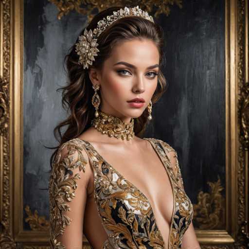 A woman is captured in a portrait against a dark background with gold accents. She wears a stunning gold and black dress that features an intricate floral pattern on the bodice. The woman's hair is styled in loose curls, and she wears a large, ornate headpiece adorned with pearls.