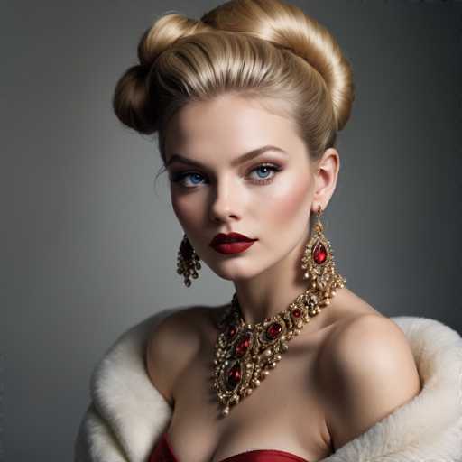 A woman with blonde hair styled into a bun and wearing a red dress and gold jewelry including large earrings and a necklace.
