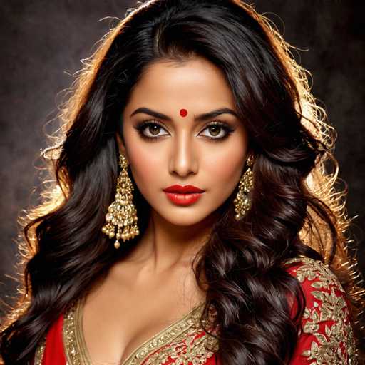The image shows a woman with long dark hair wearing a red and gold dress. She is looking directly at the camera with an intense gaze. The background of the image is black, which contrasts with her vibrant attire. The woman's earrings are large and ornate, adding to her overall appearance.