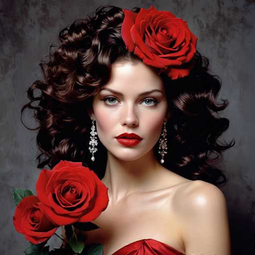 A woman with long brown hair is the main subject of this image. She has a red rose pinned to her hair and is wearing a red dress that matches the rose's color. The background features a gray wall, which contrasts with the vibrant colors of the rose and the woman's attire.