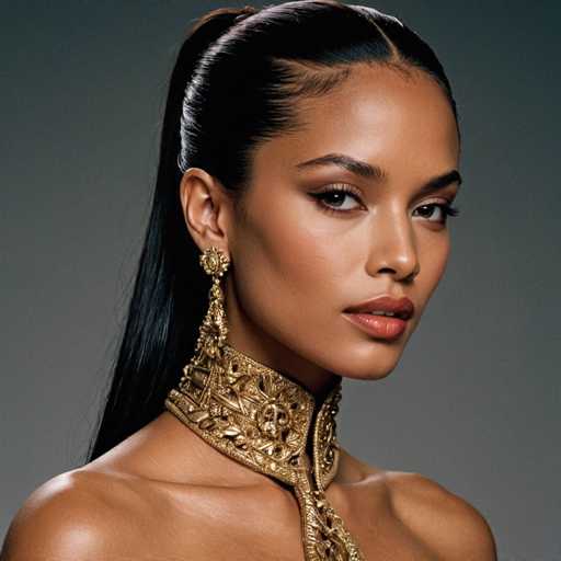 The image shows a close-up portrait of a woman with long dark hair styled in an elegant updo and wearing a gold necklace that features intricate designs. The background is a simple gray color, which contrasts nicely with the woman's dark hair and the gold jewelry she is wearing.