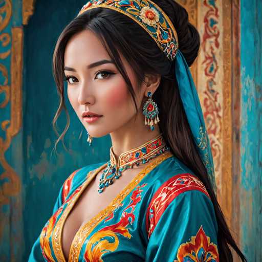 The image depicts a woman wearing traditional Chinese clothing with a blue and gold patterned dress that features a high neckline and a headpiece adorned with flowers. She is also wearing earrings and a necklace, adding to the overall elegance of her appearance. The background is a vibrant blue color, which contrasts beautifully with the woman's attire.