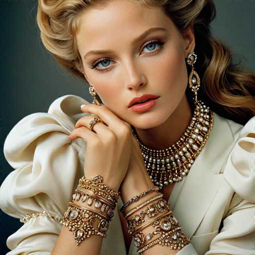 A woman with blonde hair and blue eyes is wearing a white blazer over a gold necklace and earrings that include pearls and diamonds.