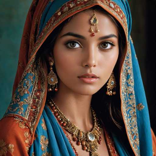 The image shows a woman wearing traditional Indian attire with a blue and gold headscarf draped over her shoulders. She is also wearing an orange and gold necklace and earrings that complement the colors of her headscarf. The background features a green wall adorned with gold designs, adding to the overall aesthetic of the scene.