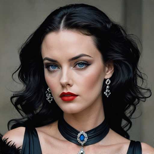 A woman with long dark hair wearing a black dress and diamond earrings is the main subject of this image. The background appears to be a plain white wall or door frame.