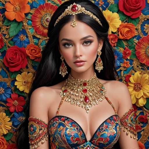A woman is seen from behind with a striking blue and gold headpiece that includes a large red gemstone at the center of her hair. She wears a gold necklace and earrings, which complement her attire. The background features an array of colorful flowers in shades of orange, yellow, green, and pink, creating a vibrant and lively atmosphere around the woman.
