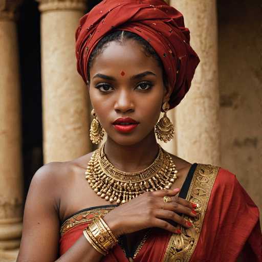 A woman is wearing a red turban and gold jewelry, including a large gold necklace with intricate designs around her neck and earrings that complement the turban's color. She has dark hair styled in an elegant updo, and she is standing against a stone wall backdrop.