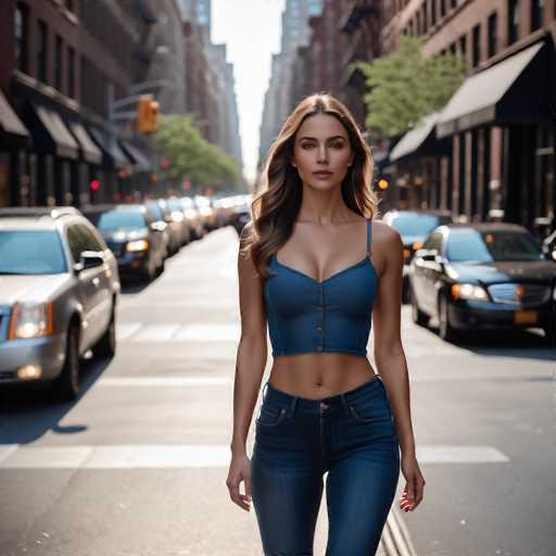 A woman is walking down a city street wearing a blue crop top and jeans with her hands in her pockets. The background shows several cars parked along the side of the road and tall buildings lining the street.