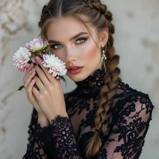 A woman with long brown hair wearing a black lace top and holding two white flowers in her hands against a plain white wall backdrop.