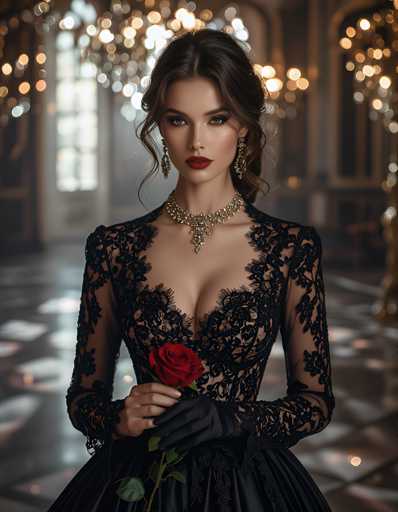 A woman is standing in front of a large window with gold trim and chandeliers hanging from the ceiling. She is wearing a black lace dress that falls just below her knees, and she has red lipstick on her lips. The woman holds a rose in her hand.