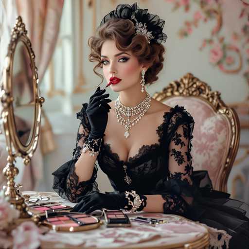 A woman with long brown hair is seated at a table covered with a white tablecloth and adorned with pink flowers. She is wearing a black lace dress that falls just above her knees, complemented by a black headpiece featuring a large flower design. The woman holds a small mirror in front of her face as she applies lipstick to her lips.
