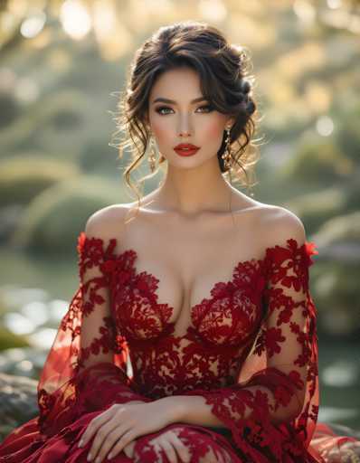 A woman is seated on a rock with her legs crossed and hands resting on her lap. She is wearing a red dress with lace sleeves that flows down to the ground. The background features trees and bushes in various shades of green.