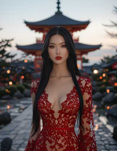 The image shows a woman standing in front of a traditional Japanese temple with a red roof and white walls. The woman is wearing a red dress with lace sleeves and long hair that falls down her back. She has dark makeup on her face and is looking directly at the camera.