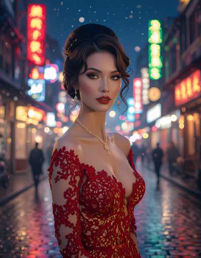 A woman is standing on a cobblestone street at night, wearing a red dress with lace sleeves and a gold necklace. The street is lined with neon signs that glow against the dark sky, creating an urban atmosphere.