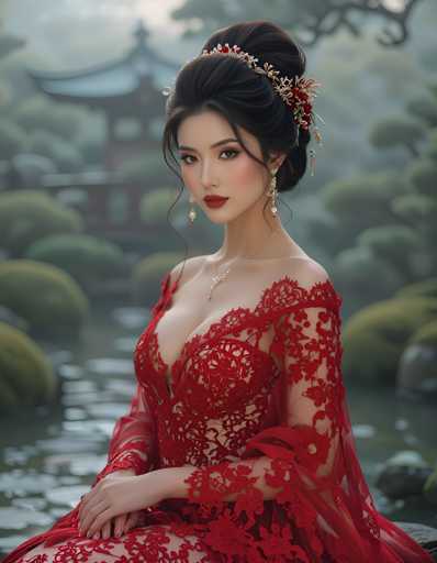 A woman is seated on a rock by a river, wearing a red dress with lace sleeves and a matching headpiece adorned with pearls. The background features lush greenery of trees and bushes, creating a serene natural setting.