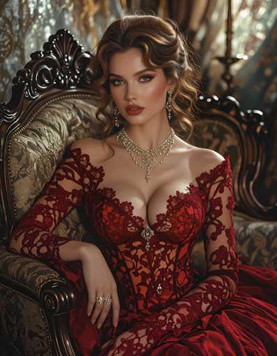 A woman is seated on an ornate chair with a red and gold patterned upholstery. She is wearing a long, flowing red dress adorned with intricate lace detailing and a large pendant necklace. The background features a window draped in white curtains that allows soft light to filter into the room, creating a warm and inviting atmosphere.