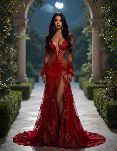 A woman is standing in front of a large archway with a white background and green plants on either side. She is wearing a long red dress with gold accents that reaches down to her knees. The woman has dark hair styled in loose curls and is looking directly at the camera, giving off an air of confidence and elegance.