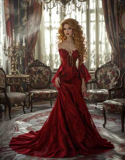 A woman stands elegantly in a room with red curtains and gold accents. She is wearing a long, flowing red dress with intricate lace detailing on the bodice and skirt. The room features ornate furniture, including two chairs and a table draped in a white tablecloth. A chandelier hangs from the ceiling, casting light onto the scene below.