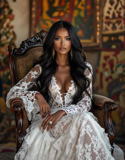 A woman with long dark hair is seated on a brown chair with a white lace skirt and gold earrings. She is wearing a white dress that has a train running down the back of it. The background features a colorful abstract painting.