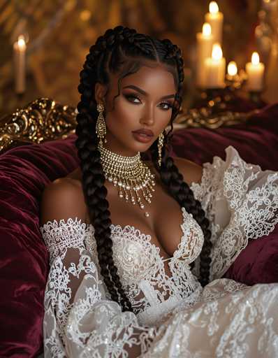 A woman with long dark hair wearing a white lace dress and gold jewelry is seated on a red velvet couch against a backdrop of candles and a gold-colored wall.