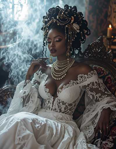 A woman with long dark hair is seated on a chair wearing a white dress and gold jewelry. The room has a dark color scheme and features a large window that allows natural light to enter the space.