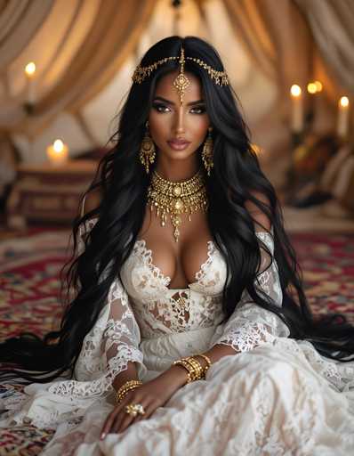 A woman with long dark hair is seated on a red and white patterned rug in front of a large window adorned with gold curtains. She is wearing a white dress with intricate lace detailing and a gold headpiece that includes a large earring. The room has beige walls, adding to the overall warm and inviting atmosphere.