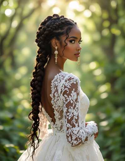 A woman with long dark hair wearing a white lace dress and gold earrings is standing in front of trees in a forest.