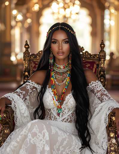 A woman with long dark hair is seated on a gold-colored chair in an opulent room. She wears a white dress and has colorful jewelry adorning her neck and ears. The background features a large window that allows natural light to illuminate the space, creating a warm and inviting atmosphere.