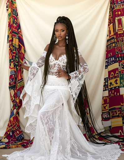 A woman with long brown hair is seated on a red and white patterned couch against a beige wall adorned with colorful patterns. She is wearing a white dress with lace sleeves and a high neckline, and her hair is styled in braids.