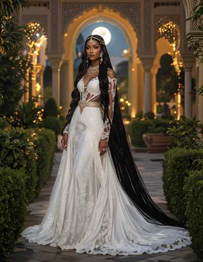 A woman is standing in front of a large archway with a white background and gold accents. She is wearing a long white wedding dress with intricate lace detailing on the bodice and skirt. The woman has her hair styled in an elegant updo and is wearing a tiara, suggesting she may be attending a formal event or celebration.