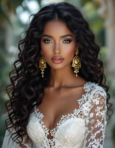 The image shows a woman with long dark hair wearing a white lace dress and gold earrings. She is looking directly at the camera with an expression of interest or curiosity. The background appears to be blurred, but it suggests that she might be in a room or setting where people are gathered for an event or occasion.