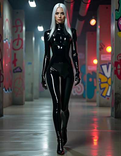 A woman is walking down an alleyway at night wearing a black latex outfit with red gloves and boots. The alleyway has graffiti on the walls and a concrete floor.