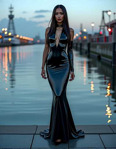 A woman is standing on a sidewalk next to a body of water at dusk. She is wearing a long black dress with a plunging neckline and high slit, which contrasts with the warm hues of the setting sun reflecting off the water's surface. The background features a bridge and buildings in the distance, suggesting an urban setting.