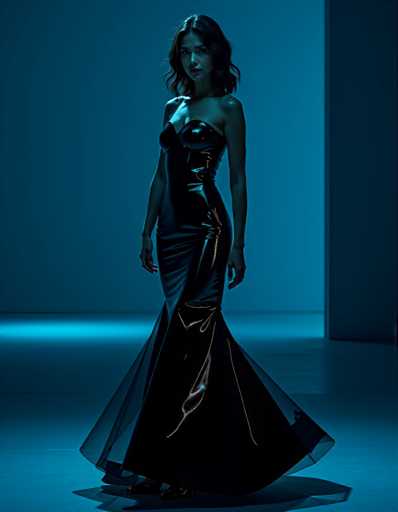 A woman is standing on a runway wearing a long black dress with a strapless neckline and a deep V-neckline. The background features a blue wall that contrasts with the white floor beneath her feet.