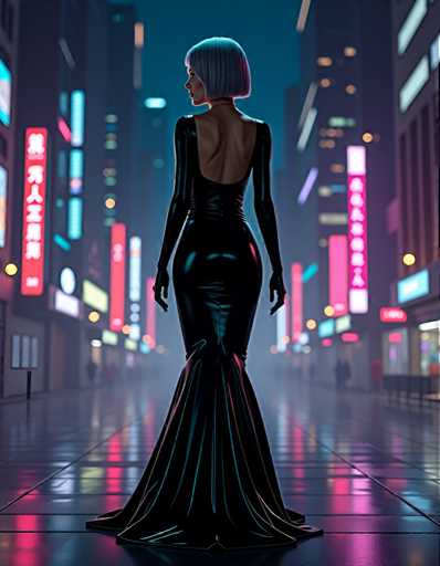 A woman stands alone on a city street at night, wearing a long black dress and high heels that reach up to her knees. The street is lined with neon signs and buildings of varying heights, creating an urban landscape.
