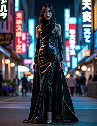 A woman is standing on a sidewalk at night, wearing a long black dress and high heels. The background features neon signs and buildings lit up with bright lights, creating an urban atmosphere.
