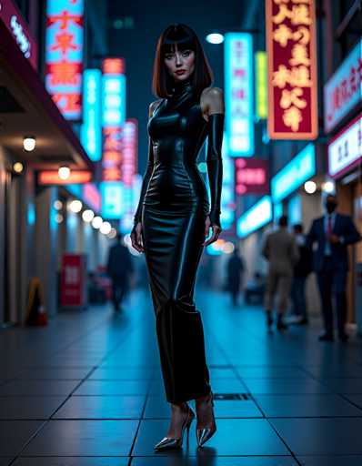 A woman is standing on a sidewalk at night, wearing a black leather dress and high heels. She has her arms crossed over her chest and is looking directly at the camera with an expression of confidence. The background features neon signs and buildings that glow in shades of blue and red, creating a vibrant cityscape atmosphere.