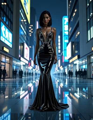 A woman is standing on a sidewalk at night, wearing a long black dress with a plunging neckline and high slit. The background features tall buildings illuminated by bright lights, creating a vibrant cityscape.