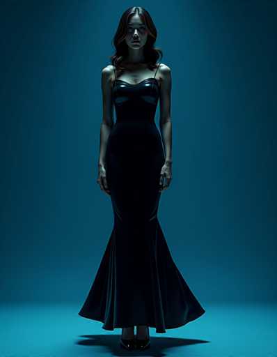 A woman is standing against a blue background wearing a long black dress with a metallic sheen and strappy heels.