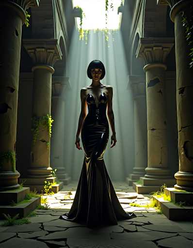 A woman stands in front of a large window with sunlight streaming through it, wearing a long black dress and high heels. The room is filled with stone columns and arches, creating an atmosphere of grandeur and antiquity.