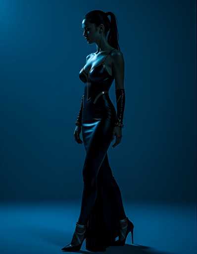 A woman is captured mid-stride on a runway, wearing a black dress and high heels that accentuate her figure against the backdrop of a blue wall with a white stripe running down its center.