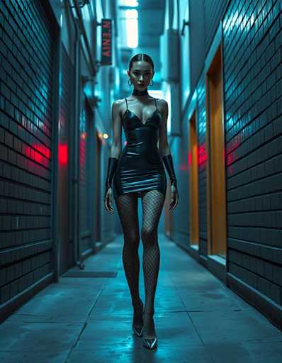 A woman is walking down an alleyway at night with a neon sign on the wall behind her and a brick building in the background. She is wearing a black dress and high heels.