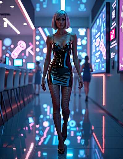 A woman is walking down a hallway with neon lights and a large screen displaying information on the wall behind her. She is wearing a black dress that contrasts with the colorful surroundings.