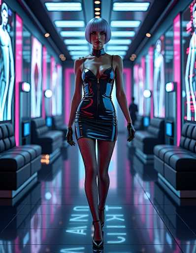 A woman is walking down an empty hallway with a neon pink and blue color scheme on the walls. She is wearing a black dress that has red accents and high heels. The floor beneath her feet reflects the light from the ceiling, creating a mirror-like effect.